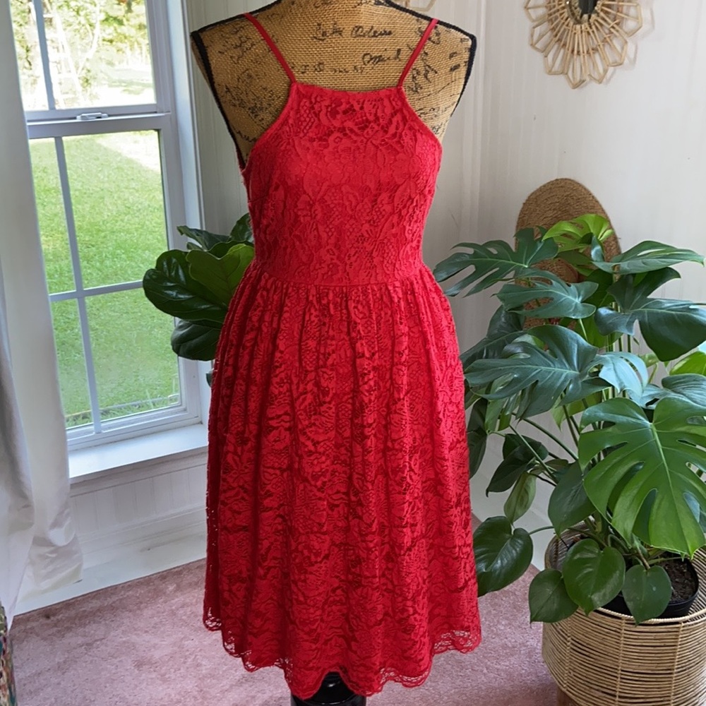 Lulus Red Halter Sleeveless Lace Dress Sz XS